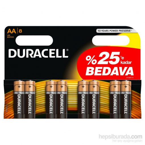 Duracell Kalem Pil AA 6+2 = 8li paket Alkalin Pil LR6 MN1500
