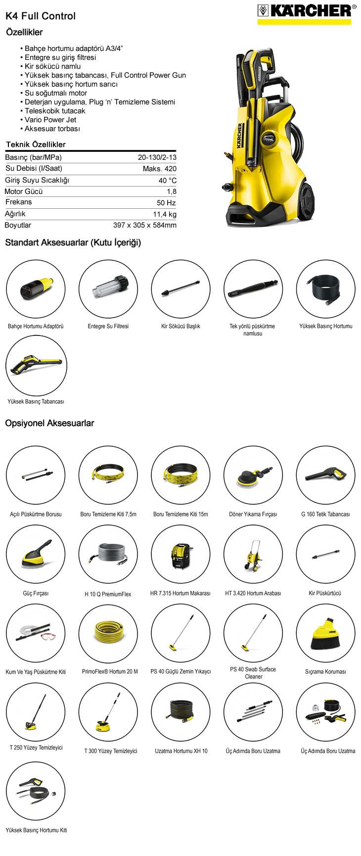 Karcher K4 Full Control EU 130 Bar Basınçlı Yıkama Makinesi