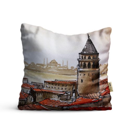 Kırlent Kılıfı 42x42cm Dekoratif Kırlent Yastık Kılıfı istanbul Galata Kulesi Modeli Ist 12