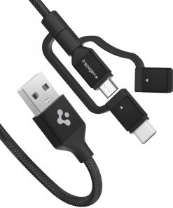 Spigen C10i3 Essential 3in1 Lightning + USB-C + Micro USB Dayanıklı Hızlı Şarj ve Data Kablo MFI Lisanslı 1.5 Metre Black