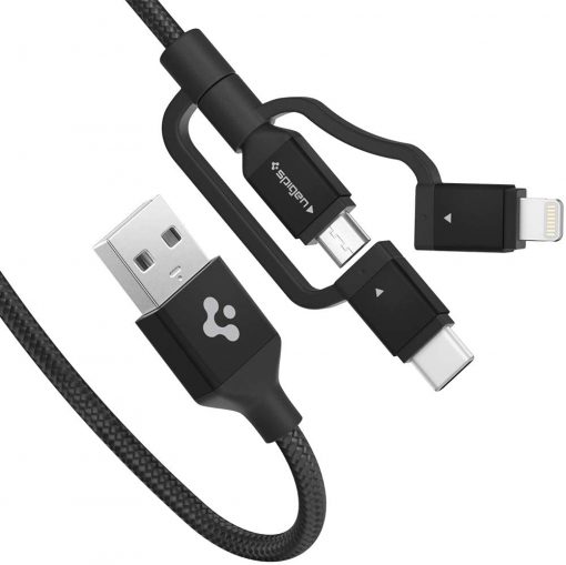 Spigen C10i3 Essential 3in1 Lightning + USB-C + Micro USB Dayanıklı Hızlı Şarj ve Data Kablo MFI Lisanslı 1.5 Metre Black