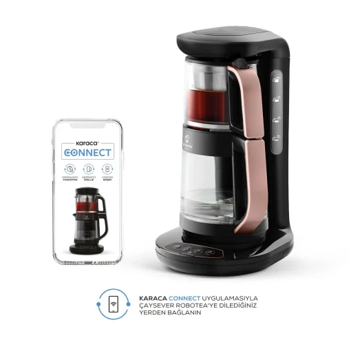 Karaca Çaysever Robotea Connect 3 in 1 Konuşan Otomatik Cam Çay Makinesi Su Isıtıcı ve Filtre Kahve Demleme Makinesi 2500W Rosegold