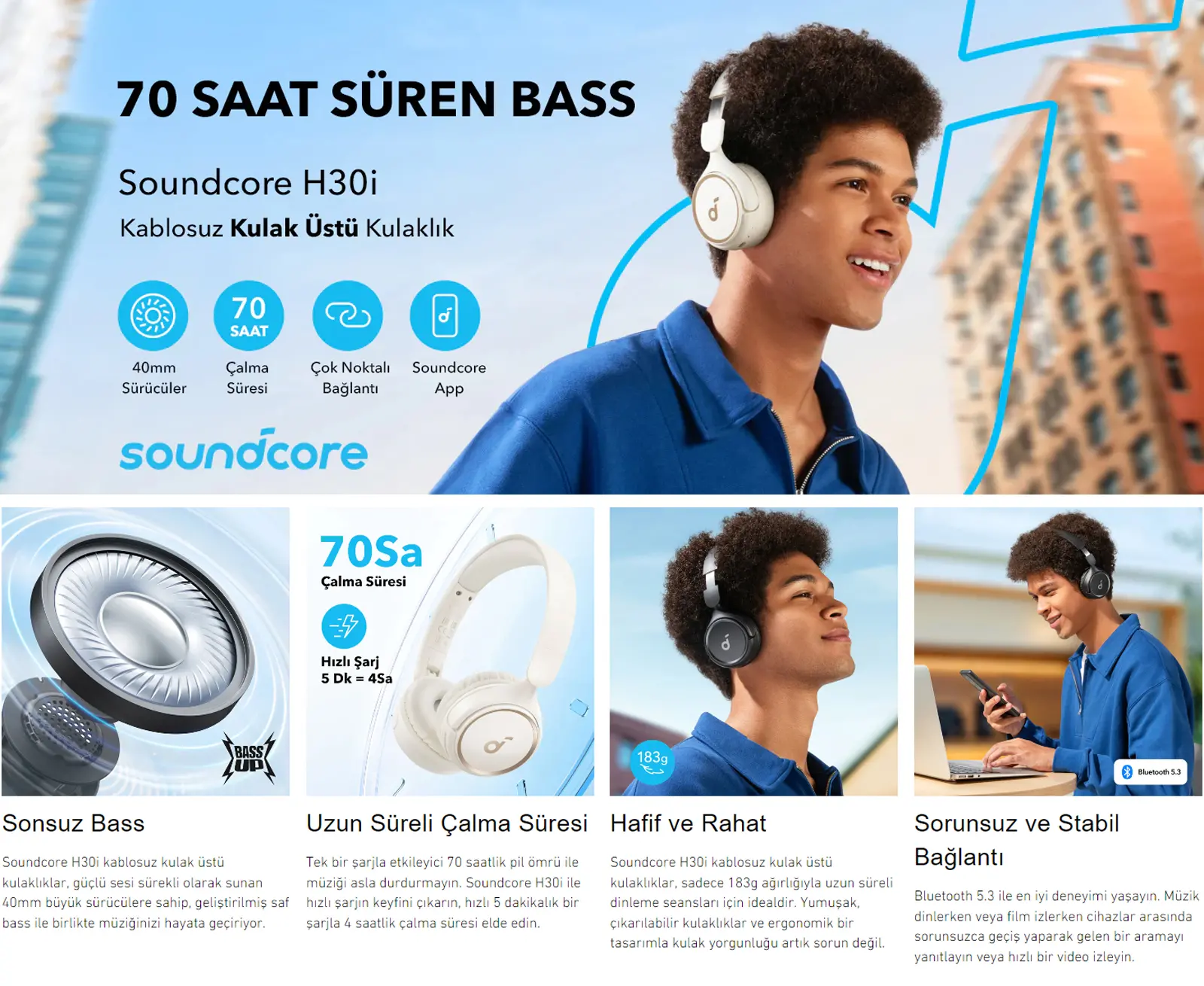Anker Soundcore H30i Mikrofonlu Kablosuz Kulaküstü Kulaklık - 70 Saat Oynatma Süresi- Soundcore Uygulama Destekli - Multipoint Connection - Siyah (Anker Türkiye Garantili) - Görsel 2