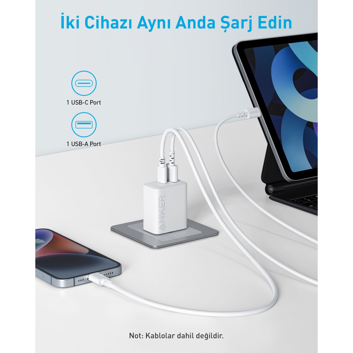 Anker 20W USB-C + USB-A Çift Portlu Şarj Cihazı - A2348 - Beyaz (Anker Türkiye Garantili) - Görsel 3