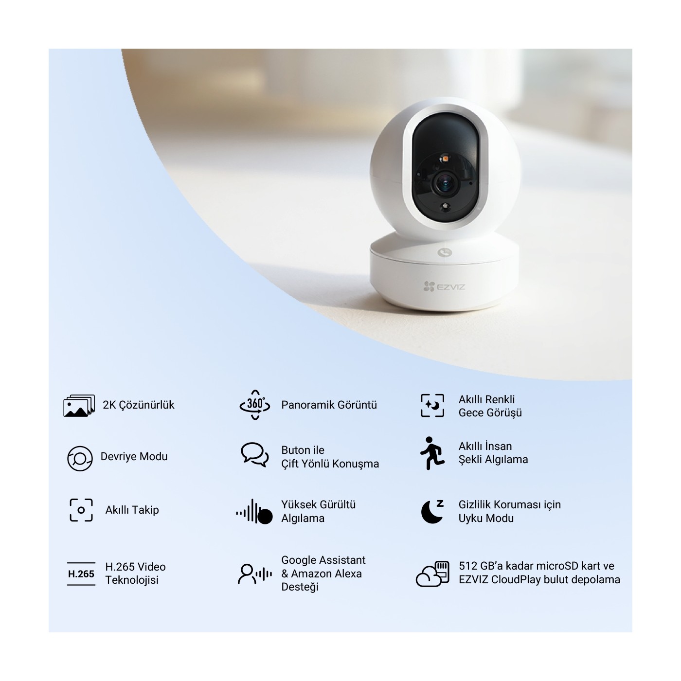Ezviz TY1 Akıllı Wi-Fi 2K⁺ 3MP Yatay ve Dikey Hareketli Güvenlik Kamerası - 1080p Full HD Görüntü Kalitesi - 360° Panoramik İzleme - 10 Metre Gece Görüşü (Ezviz Türkiye Garantili) - Görsel 3