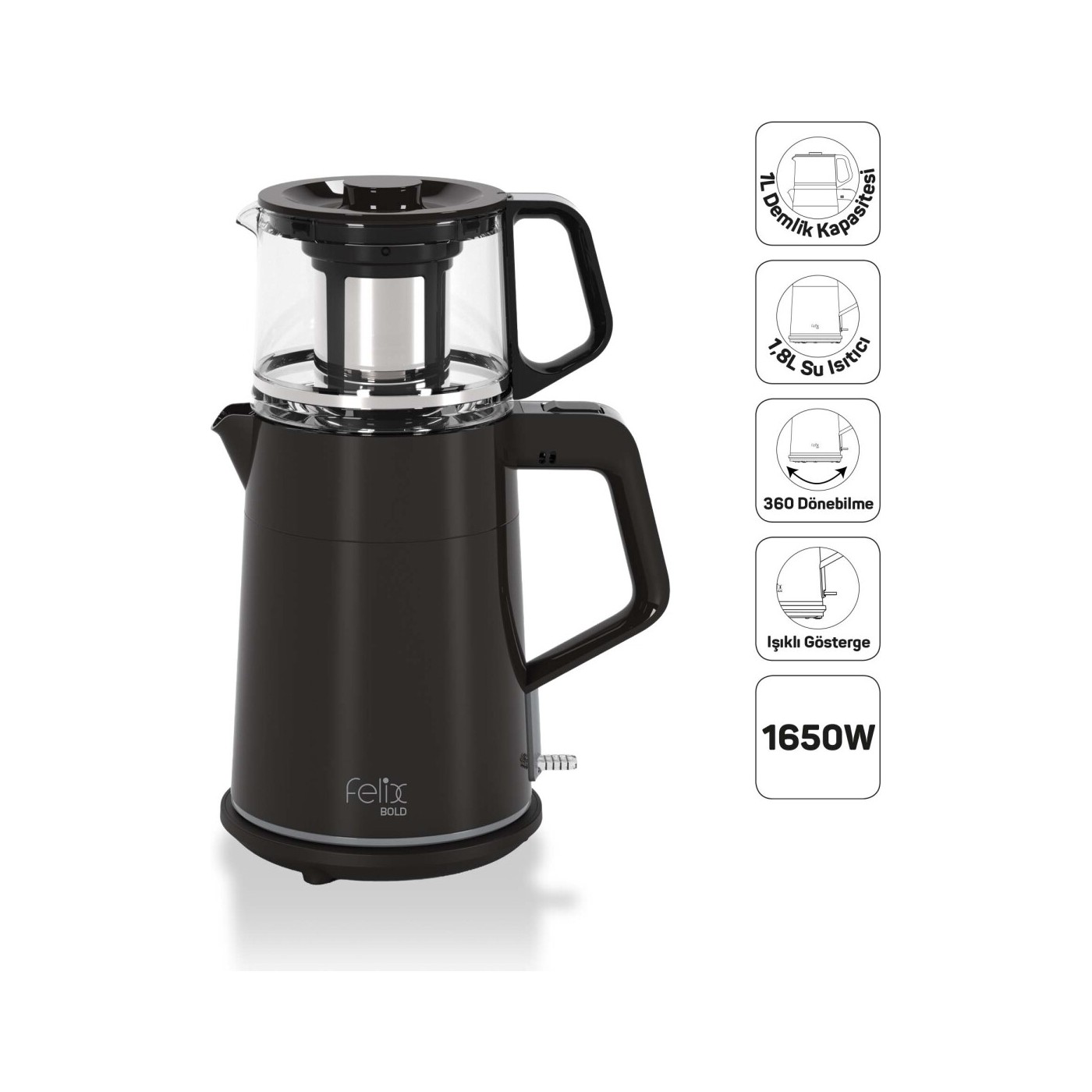 Arzum FL301 Felix Bold Elektrikli Çay Makinesi 1650W 1 L Cam Demlik Kapasitesi Siyah