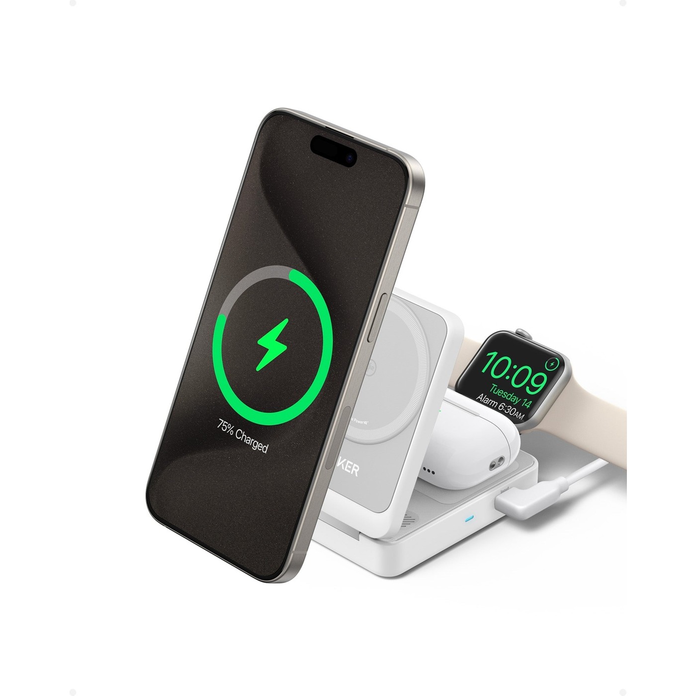 Anker B2557 MagGo Beyaz 3in1 Kablosuz Hızlı Şarj Aleti - MagSafe için Apple Watch Şarj Cihazı (40W USB-C Şarj Cihazı Dahil) - B2557 - Beyaz - Görsel 2