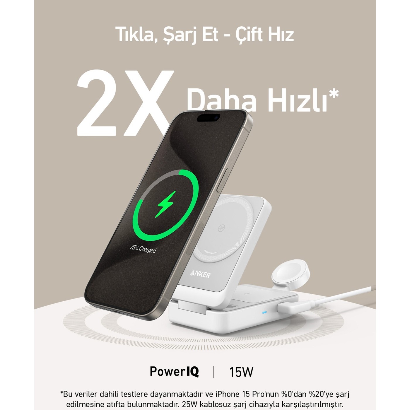 Anker B2557 MagGo Beyaz 3in1 Kablosuz Hızlı Şarj Aleti - MagSafe için Apple Watch Şarj Cihazı (40W USB-C Şarj Cihazı Dahil) - B2557 - Beyaz - Görsel 4