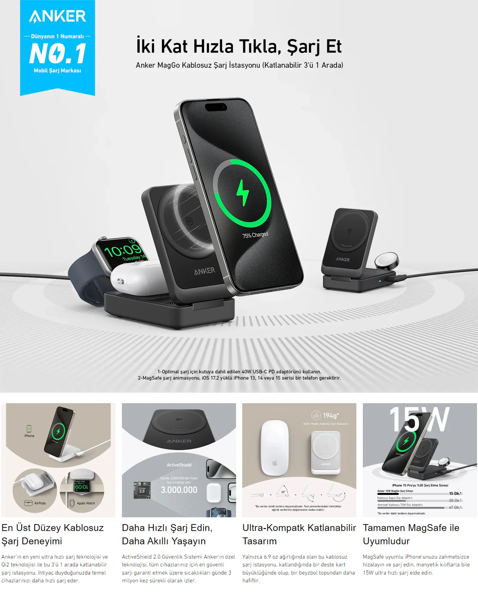 Anker B2557 MagGo Beyaz 3in1 Kablosuz Hızlı Şarj Aleti - MagSafe için Apple Watch Şarj Cihazı (40W USB-C Şarj Cihazı Dahil) - B2557 - Beyaz - Görsel 9