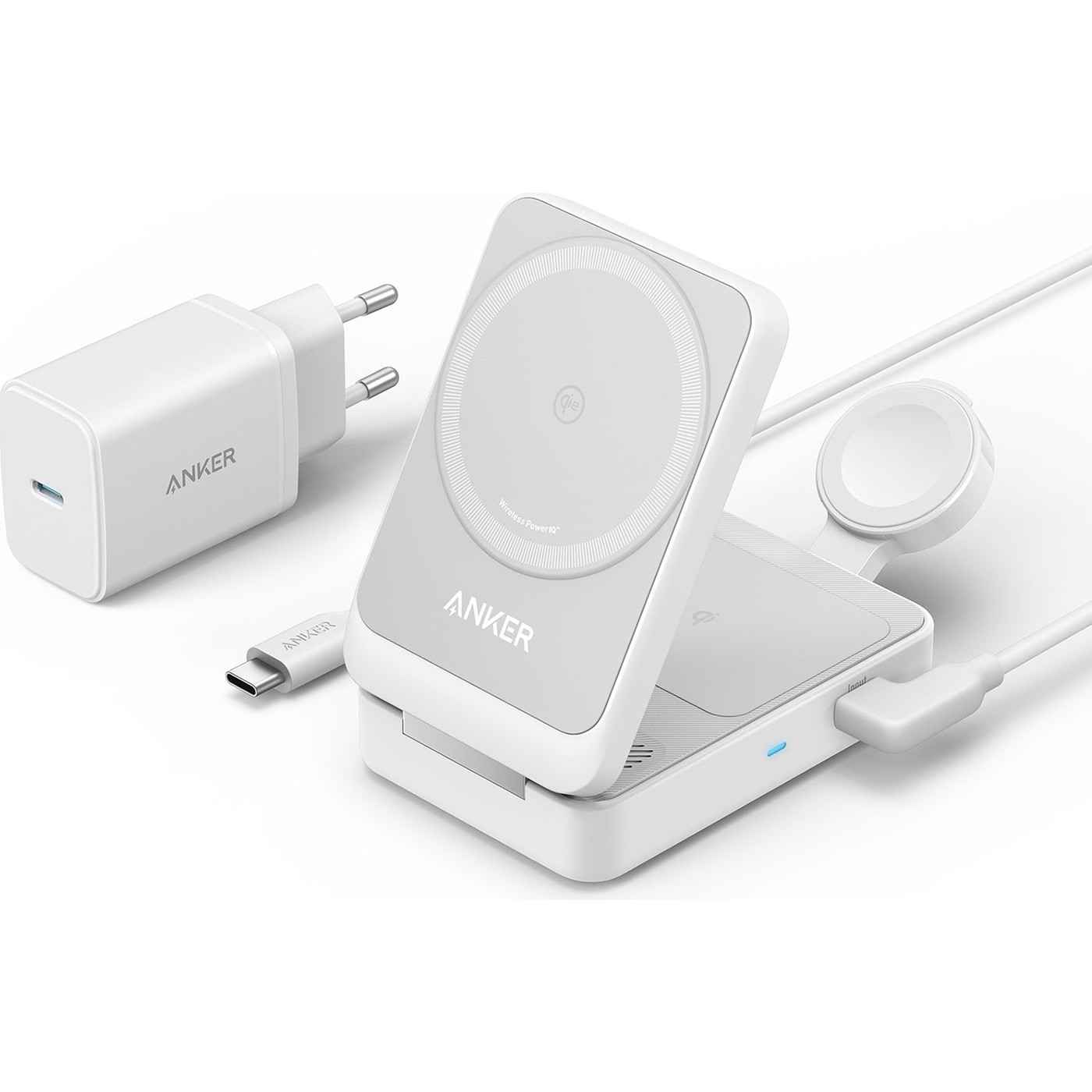 Anker B2557 MagGo Beyaz 3in1 Kablosuz Hızlı Şarj Aleti - MagSafe için Apple Watch Şarj Cihazı (40W USB-C Şarj Cihazı Dahil) - B2557 - Beyaz