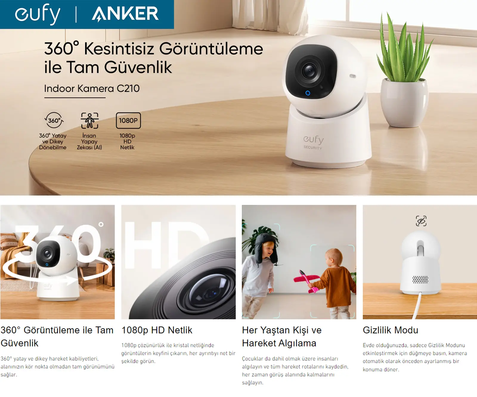 Anker Eufy Security C210 360 Derece Dönebilen IP Kamera 1080P HD Netlik ile Tam Güvenlik - T8419 (Anker Türkiye Güvenceli) - Görsel 2