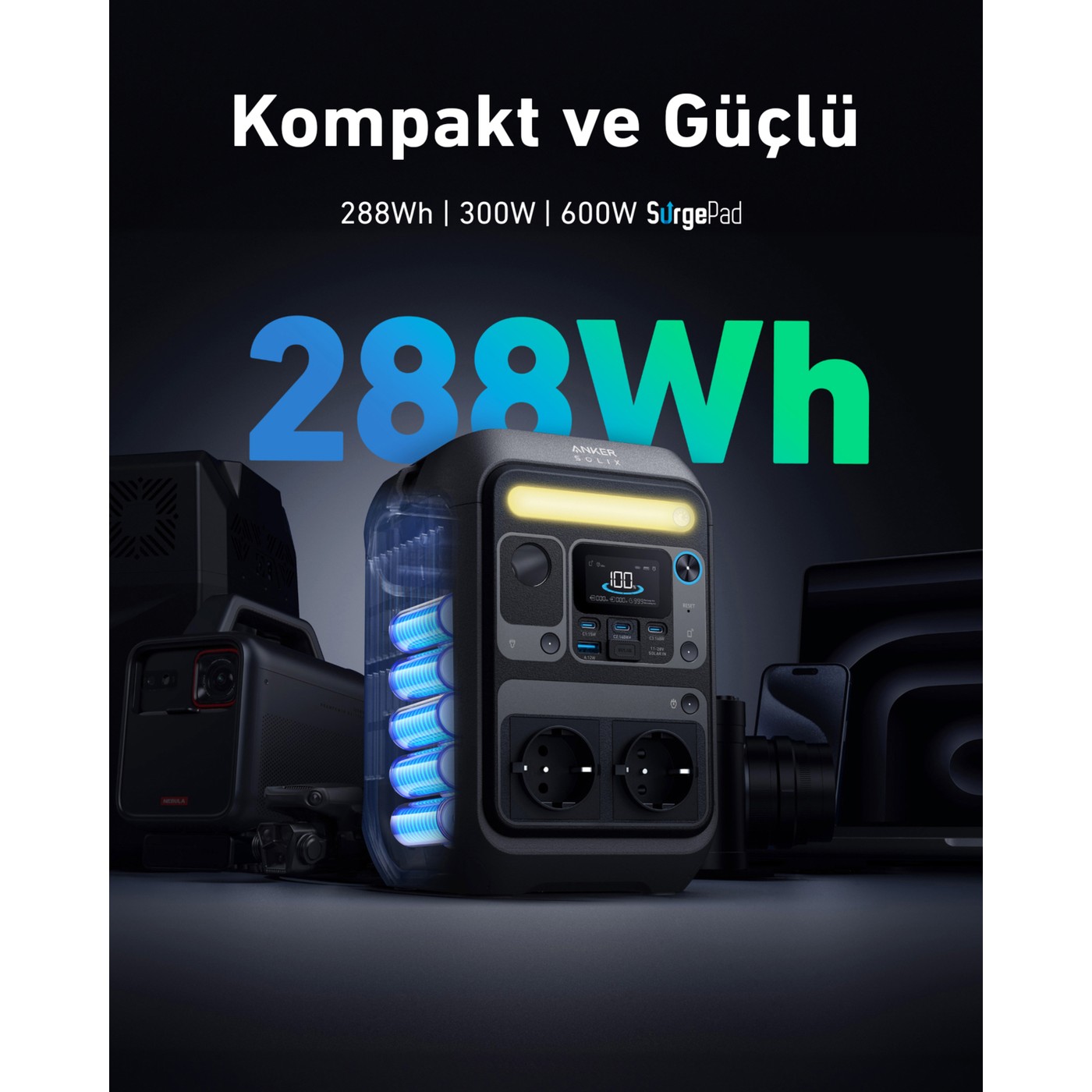 Anker Solix C300X AC 288 Wh 300 W Taşınabilir Güç Kaynağı (600W SurgePad) 4 Farklı Şarj Modu - A1723 (Anker Türkiye Garantili) - Görsel 2