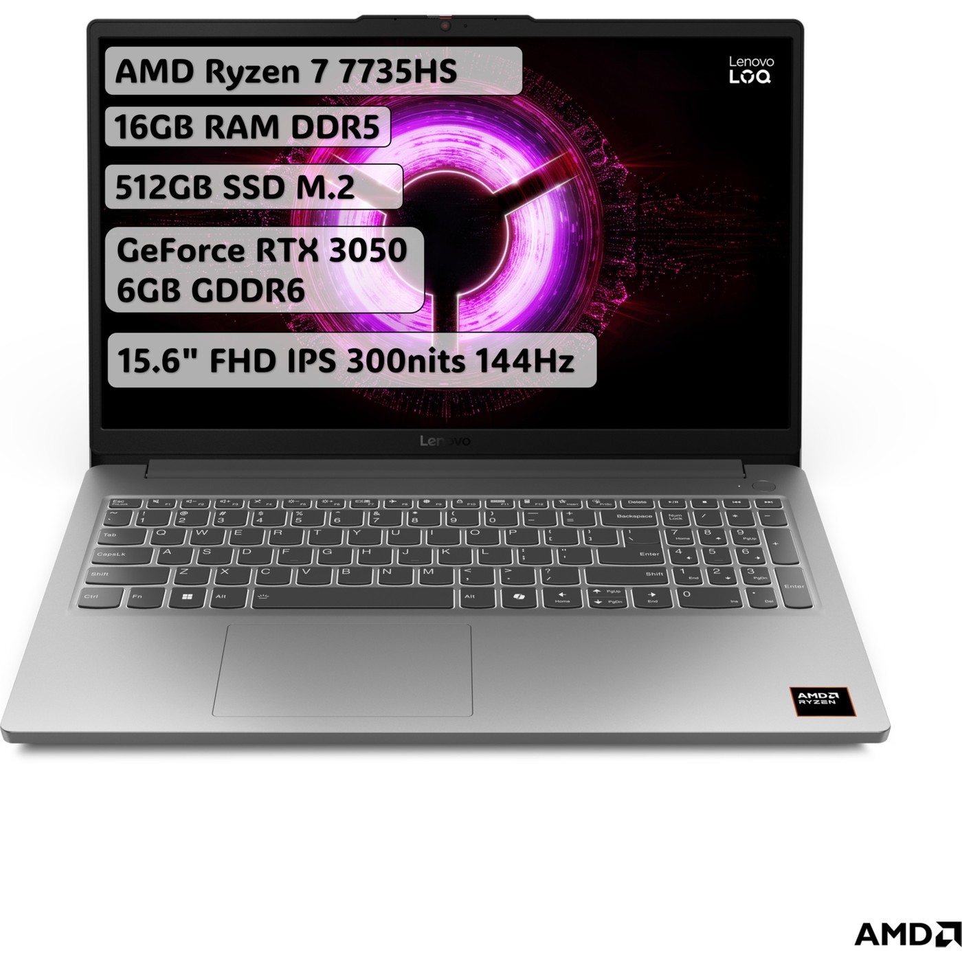 Lenovo LOQ Essential AMD Ryzen 7 7735HS 16GB 512GB SSD RTX3050 Freedos 15.6" FHD 144Hz Taşınabilir Bilgisayar 83S00033TR - 512 GB - 16 GB