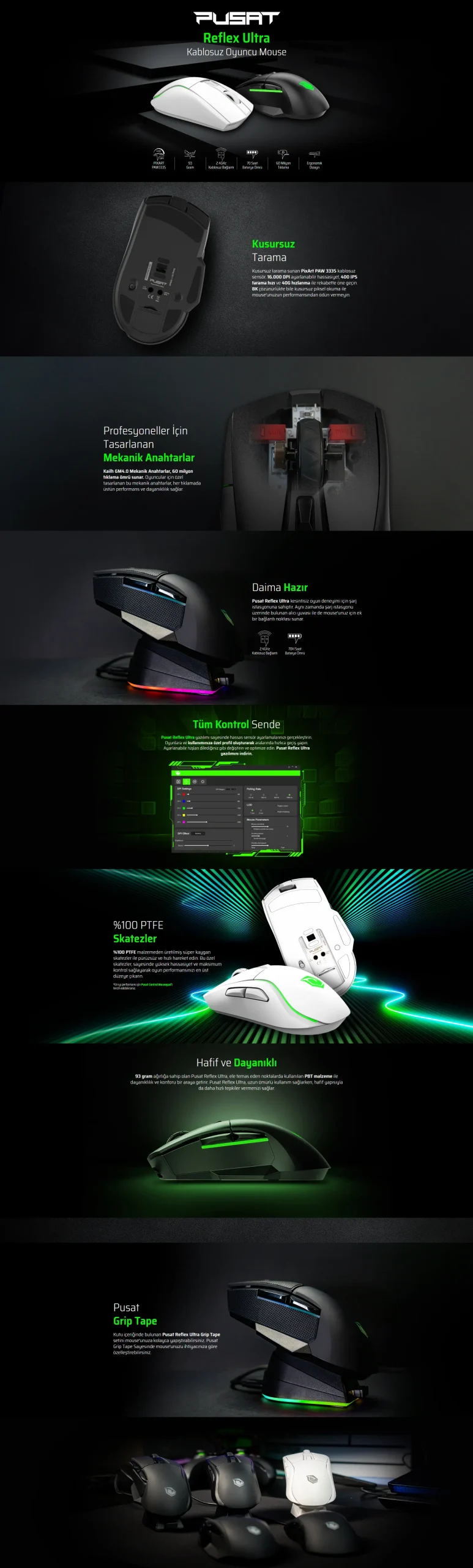 Monster Pusat Reflex Ultra Beyaz RGB Şarjlı Optik Kablosuz Oyuncu Mouse 16000 Dpı 400 IPS Yüksek Performanslı Beyaz - Görsel 2