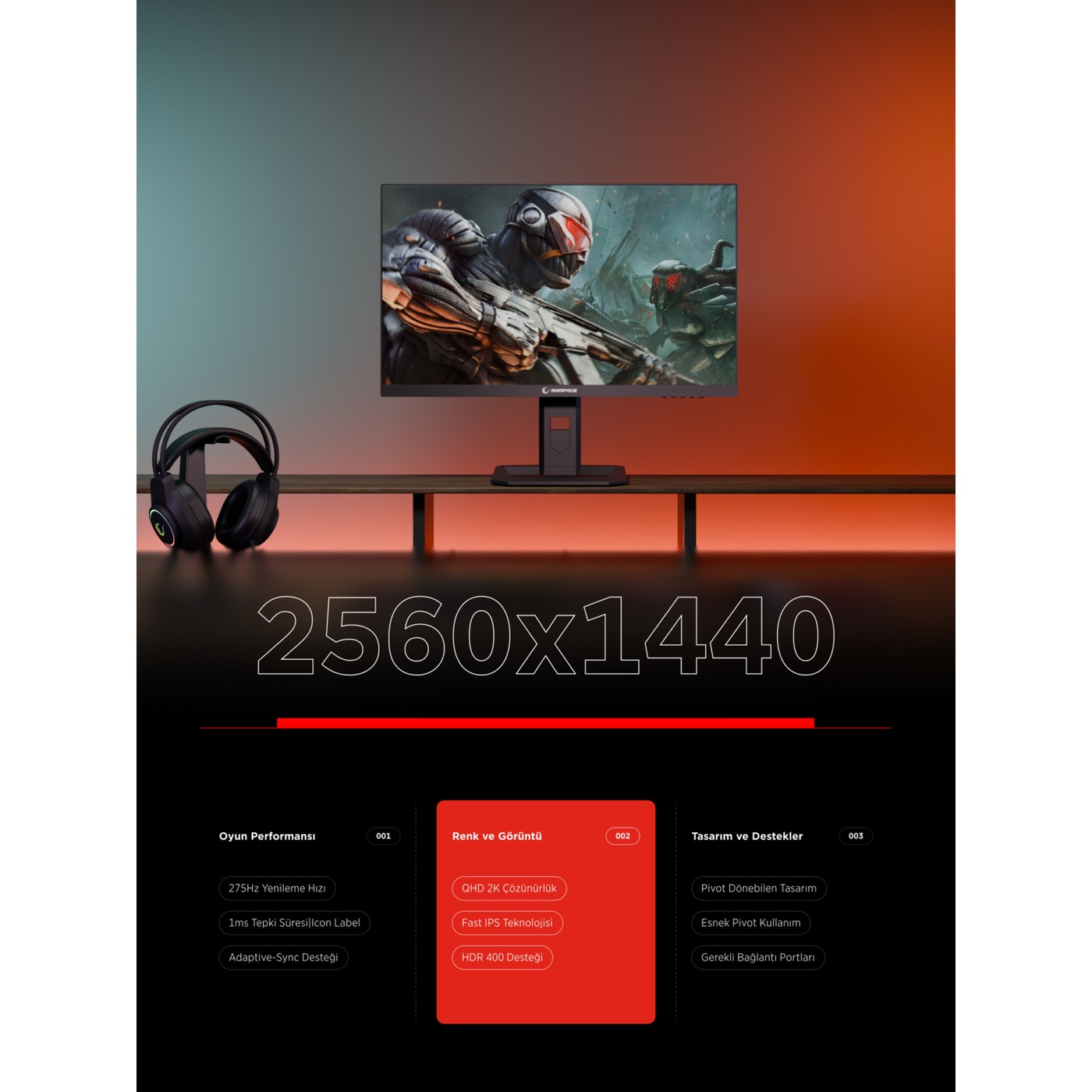 Rampage Slice SL27F275Q 27" 1 ms 2K Pivot IPS 275 Hz Oyuncu Monitörü Fast IPS QHD HDR400 Siyah Flat - Görsel 7