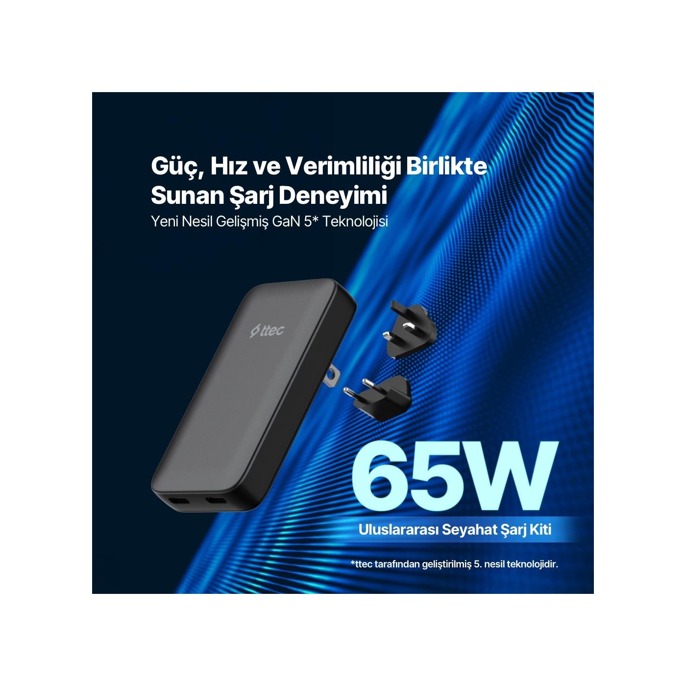 Ttec SmartCharger Trio GaN 2SCG06S 65 W Hızlı Şarj Adaptörü Pd Avrupa-Ingiltere-Amerika Uluslararası İnce Tasarımlı Seyahat Şarj Kiti Siyah - Görsel 2