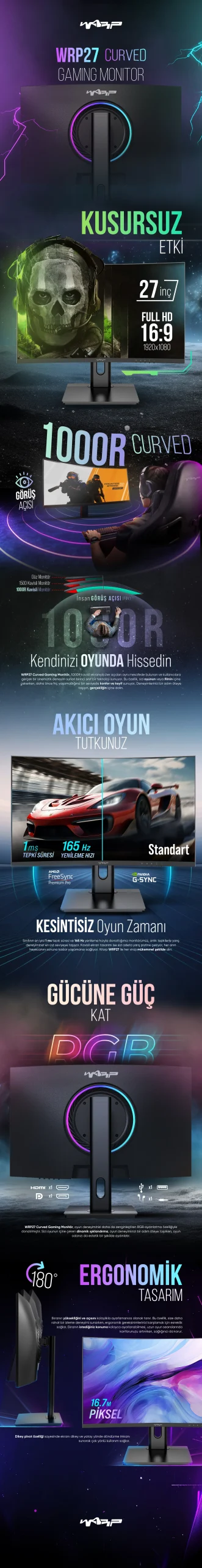 Warp WRP27-165-B 27" 1 ms Full HD Curved Oyuncu Monitörü 165HZ Rgb 1000R Curved (Hdmi + Display Port) Freesync + G-Sync Fhd - Görsel 9