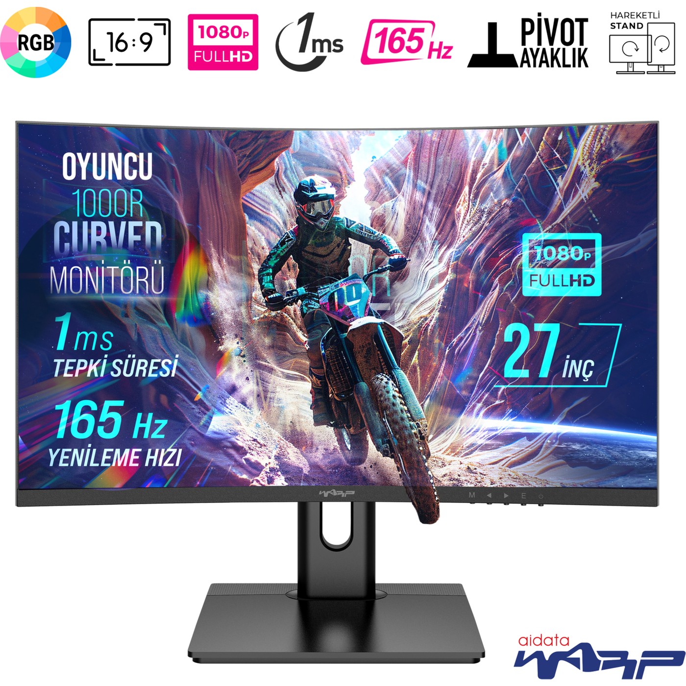 Warp WRP27-165-B 27" 1 ms Full HD Curved Oyuncu Monitörü 165HZ Rgb 1000R Curved (Hdmi + Display Port) Freesync + G-Sync Fhd