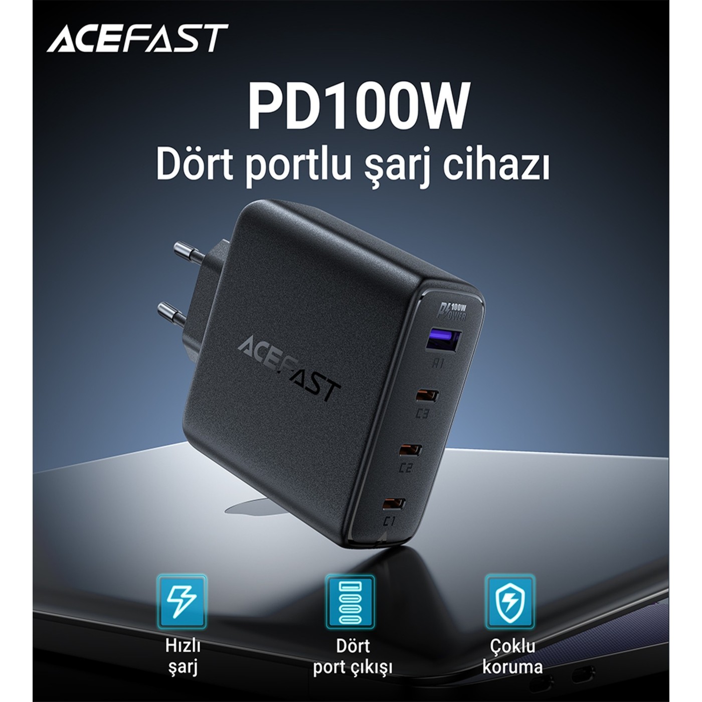 Acefast A94 100 W Hızlı Şarj Adaptörü PD 3X USB-C + USB-A 4 Port Hızlı Şarj Aleti Isı Düşüren GaN Destekli Akım Korumalı Güç Adaptörü iPhone & Android & iPad & MacBook Type-C - A94 (Acefast Türkiye Garantili) - Görsel 2