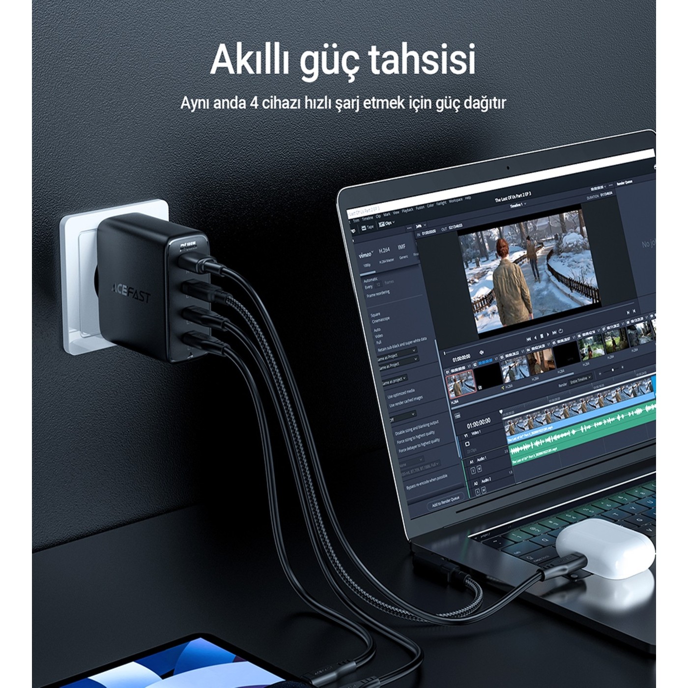 Acefast A94 100 W Hızlı Şarj Adaptörü PD 3X USB-C + USB-A 4 Port Hızlı Şarj Aleti Isı Düşüren GaN Destekli Akım Korumalı Güç Adaptörü iPhone & Android & iPad & MacBook Type-C - A94 (Acefast Türkiye Garantili) - Görsel 5