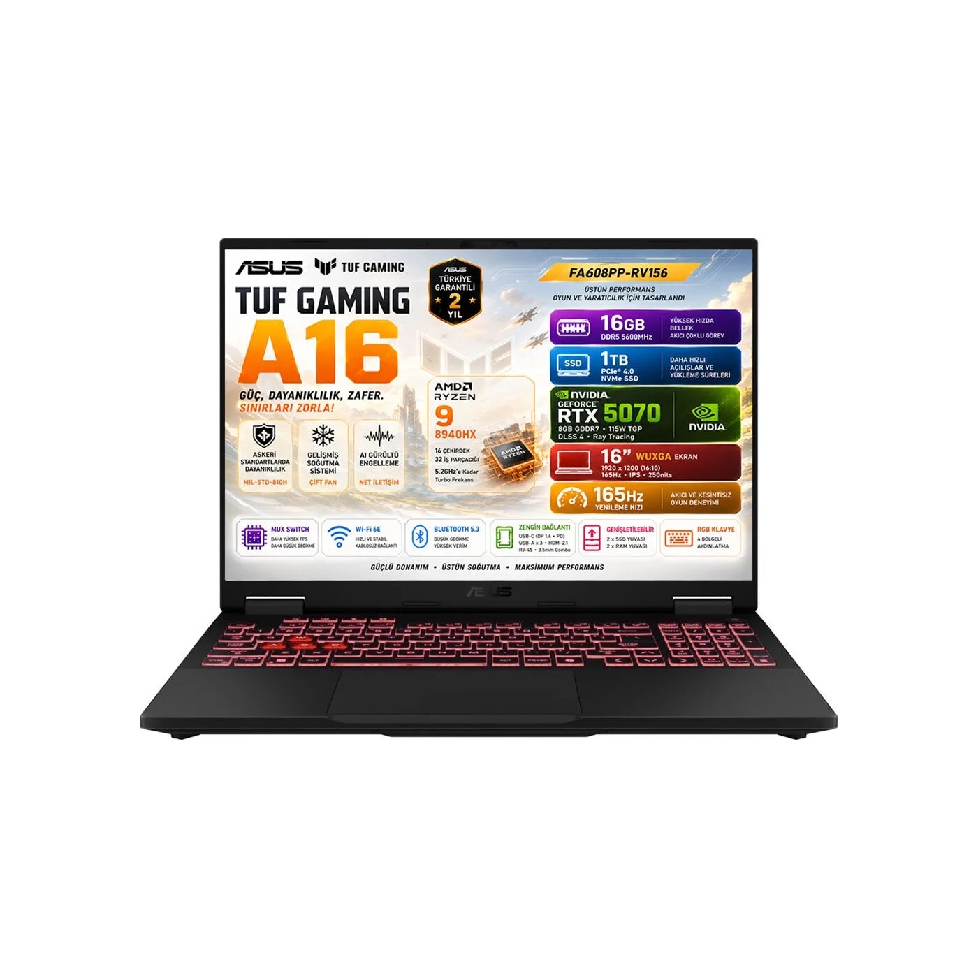 Asus Tuf Gaming A16 FA608PP-RV156-GAMING Amd Ryzen 9 8940HX 16GB 1tb SSD Rtx 5070 8gb (115W) 16" Fhd+ (1920 x 1200) Wuxga 165Hz Freedos Taşınabilir Bilgisayar - 1 TB - 16 GB